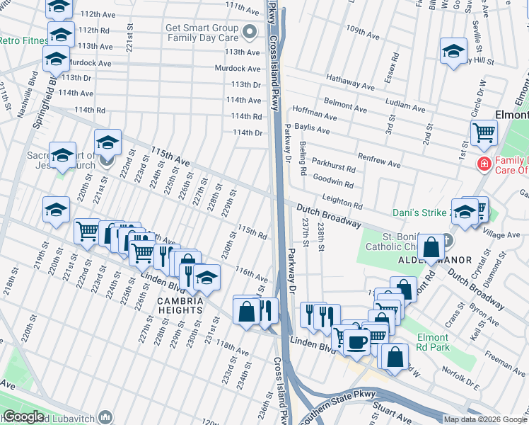 map of restaurants, bars, coffee shops, grocery stores, and more near 115-25 231st St in Queens