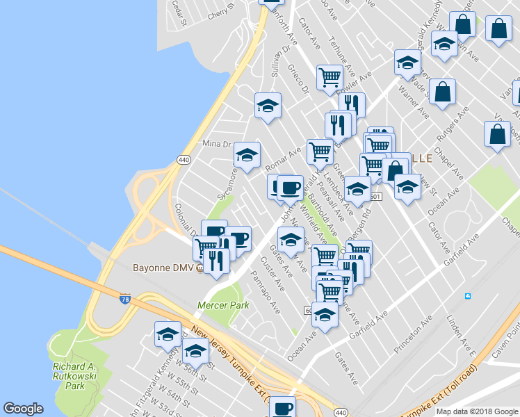map of restaurants, bars, coffee shops, grocery stores, and more near 257 Seaview Avenue in Jersey City
