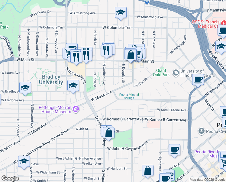 map of restaurants, bars, coffee shops, grocery stores, and more near in Peoria