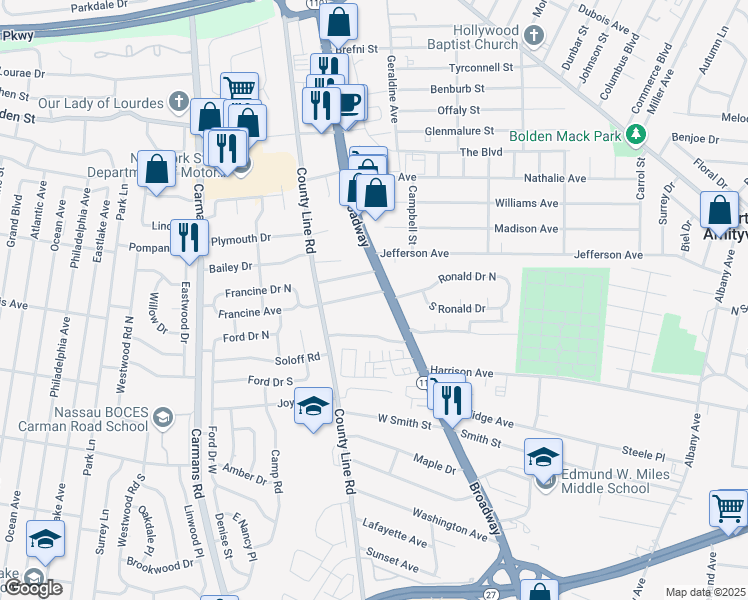 map of restaurants, bars, coffee shops, grocery stores, and more near 1 Francine Avenue in Amityville