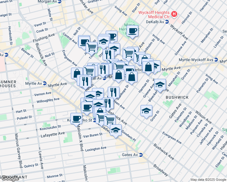map of restaurants, bars, coffee shops, grocery stores, and more near 57 Stockholm Street in Brooklyn