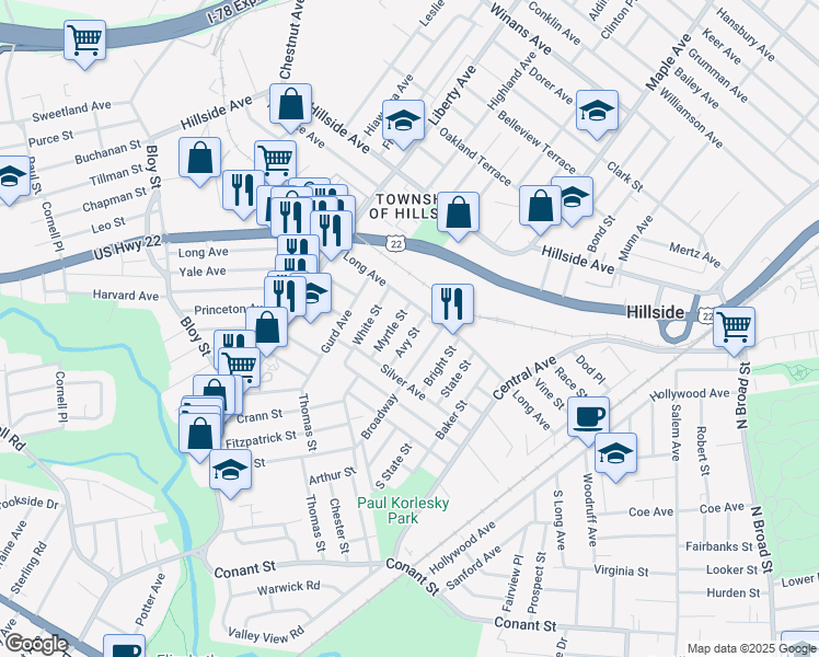 map of restaurants, bars, coffee shops, grocery stores, and more near 1312 Avy Street in Hillside