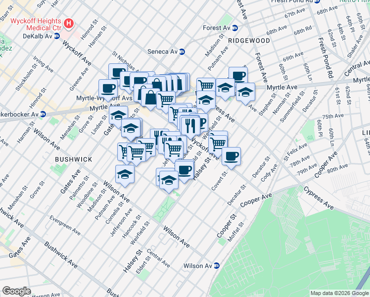 map of restaurants, bars, coffee shops, grocery stores, and more near 1484 Jefferson Avenue in Brooklyn