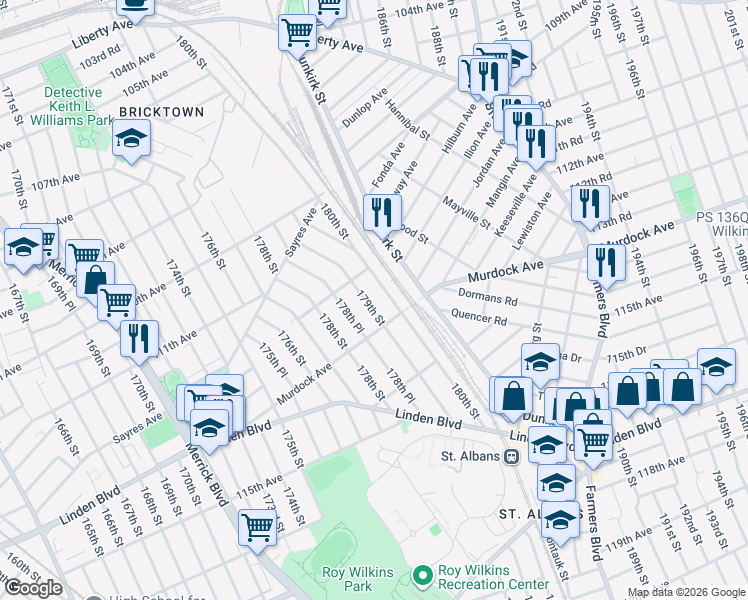 map of restaurants, bars, coffee shops, grocery stores, and more near 112-31 179th Street in Queens