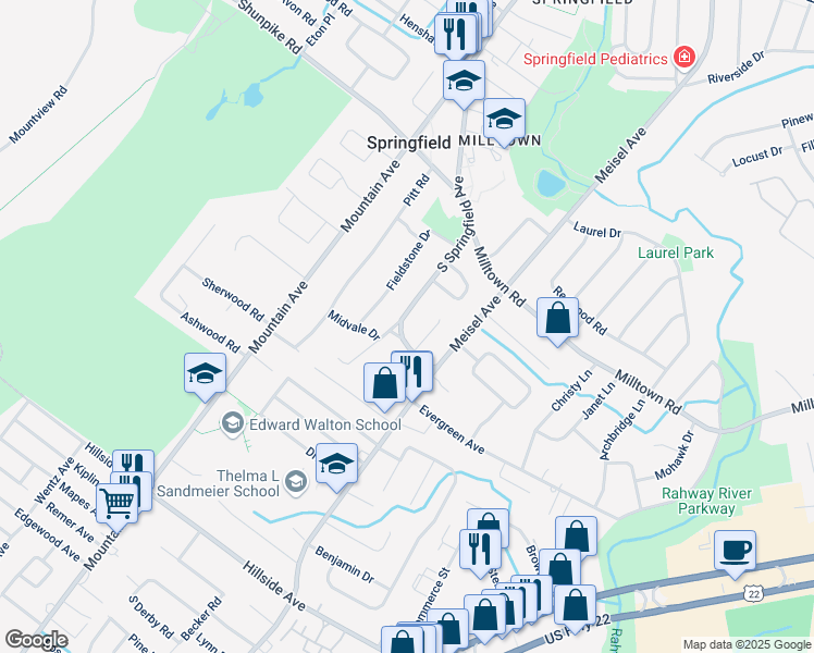 map of restaurants, bars, coffee shops, grocery stores, and more near 249 South Springfield Avenue in Springfield Township