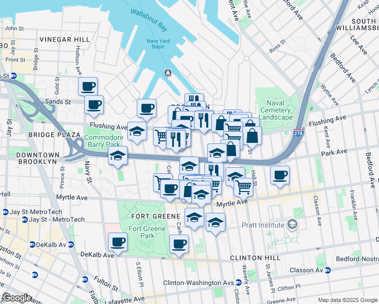 map of restaurants, bars, coffee shops, grocery stores, and more near 40 Vanderbilt Avenue in Brooklyn