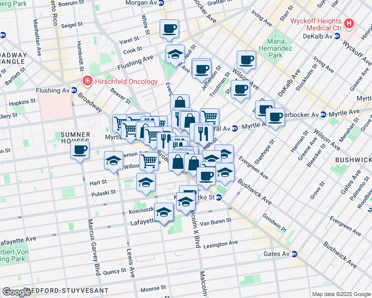 map of restaurants, bars, coffee shops, grocery stores, and more near 39 Suydam Street in Brooklyn