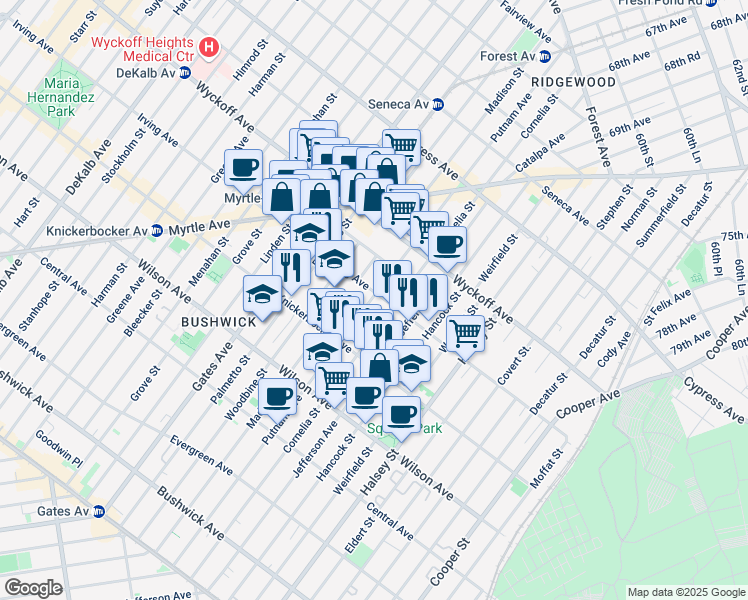 map of restaurants, bars, coffee shops, grocery stores, and more near 1430 Putnam Avenue in Brooklyn
