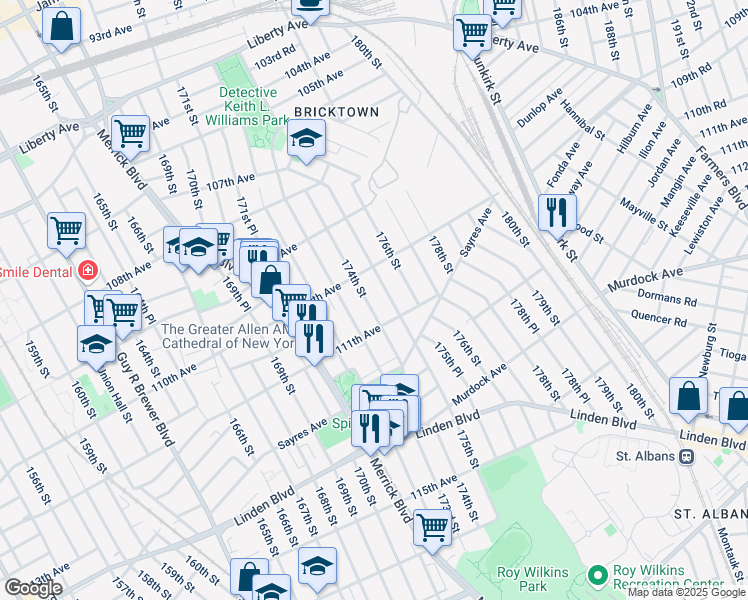 map of restaurants, bars, coffee shops, grocery stores, and more near 110-31 174th Street in Queens
