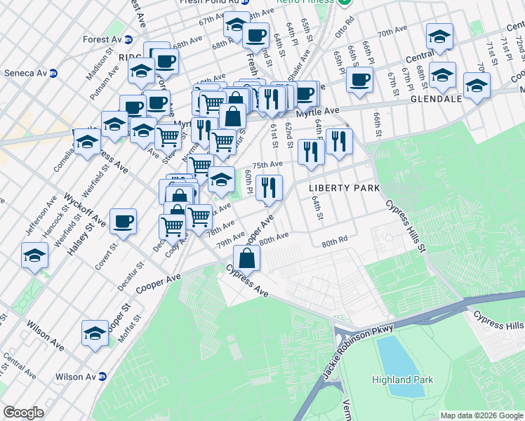 map of restaurants, bars, coffee shops, grocery stores, and more near 60-49 Cooper Avenue in Queens