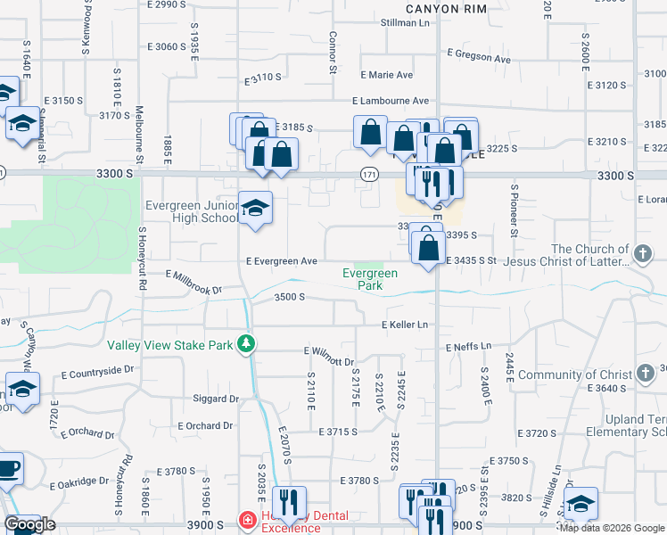 map of restaurants, bars, coffee shops, grocery stores, and more near 2144 East Evergreen Avenue in Salt Lake City