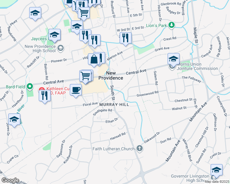 map of restaurants, bars, coffee shops, grocery stores, and more near 302 South Street in New Providence