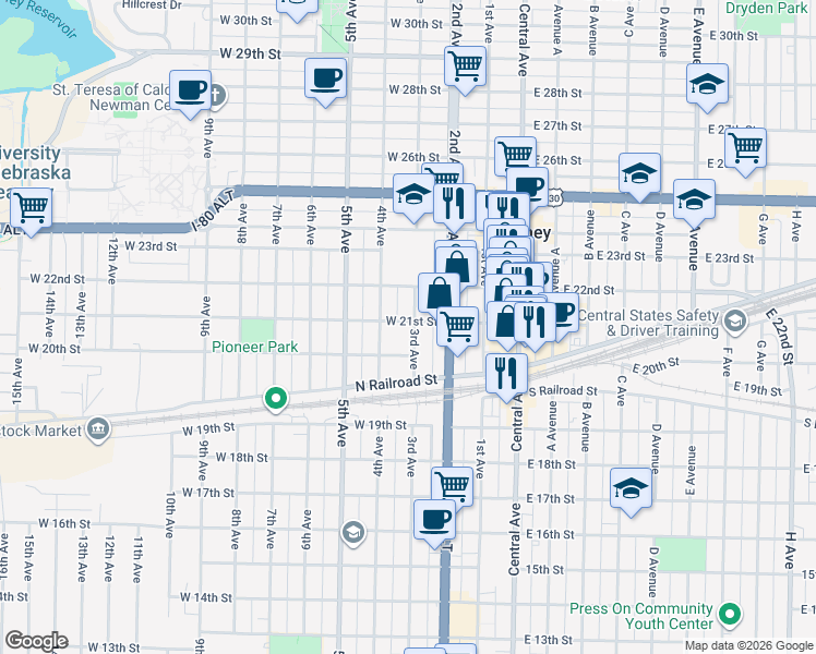 map of restaurants, bars, coffee shops, grocery stores, and more near 248-298 W 21st St in Kearney
