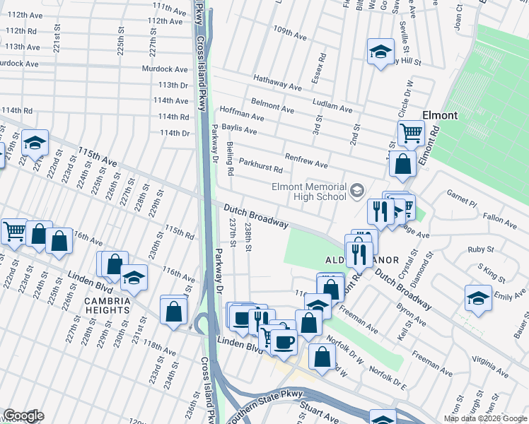 map of restaurants, bars, coffee shops, grocery stores, and more near 2284 Dutch Broadway in Elmont