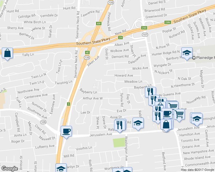 map of restaurants, bars, coffee shops, grocery stores, and more near 1140 Greenway Court in Seaford