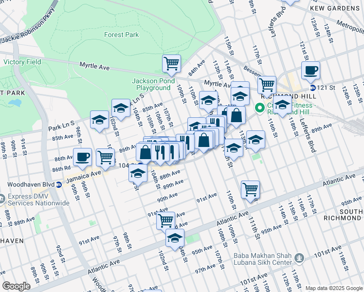 map of restaurants, bars, coffee shops, grocery stores, and more near 86-45 107th Street in Queens