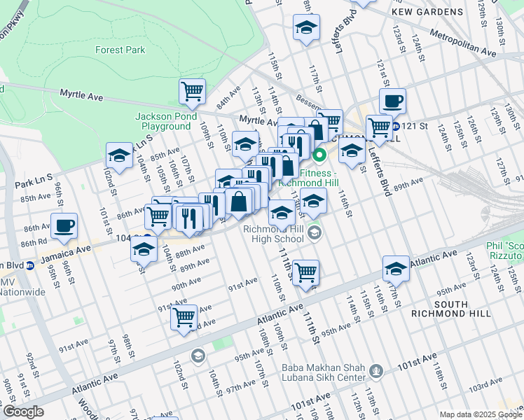 map of restaurants, bars, coffee shops, grocery stores, and more near 11014 Jamaica Avenue in Queens