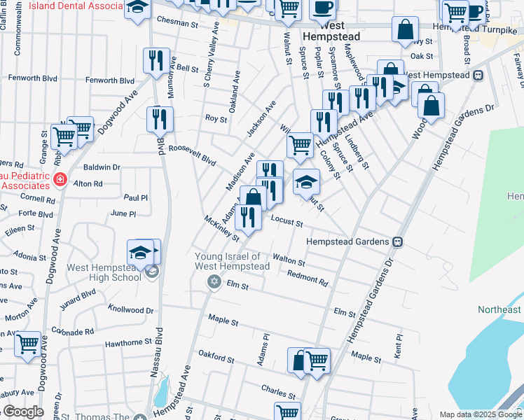 map of restaurants, bars, coffee shops, grocery stores, and more near 491 Hempstead Avenue in West Hempstead