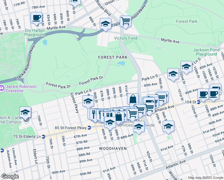 map of restaurants, bars, coffee shops, grocery stores, and more near 84-15 88th Street in Queens
