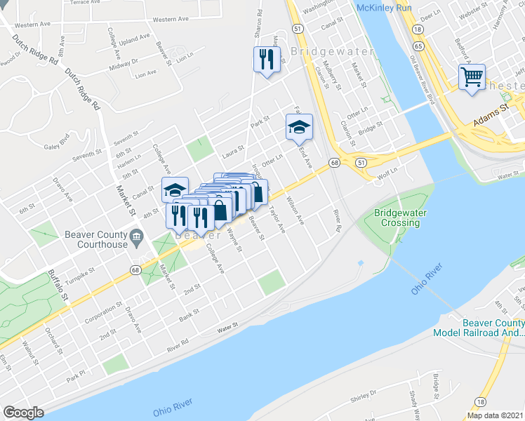 map of restaurants, bars, coffee shops, grocery stores, and more near 377 3rd Street in Beaver