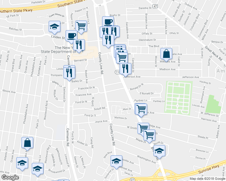 map of restaurants, bars, coffee shops, grocery stores, and more near 14 Francine Avenue in Amityville