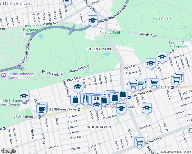 map of restaurants, bars, coffee shops, grocery stores, and more near 84-15 88th Street in Queens