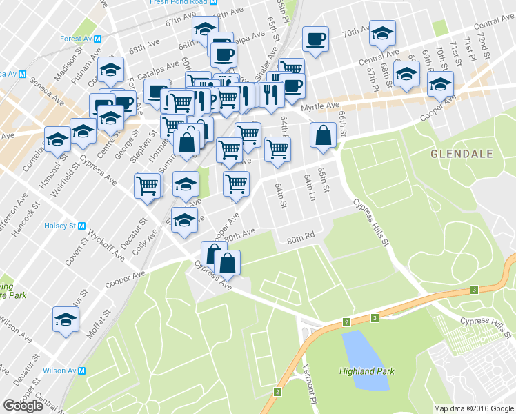 map of restaurants, bars, coffee shops, grocery stores, and more near 77-15 61st St in Queens