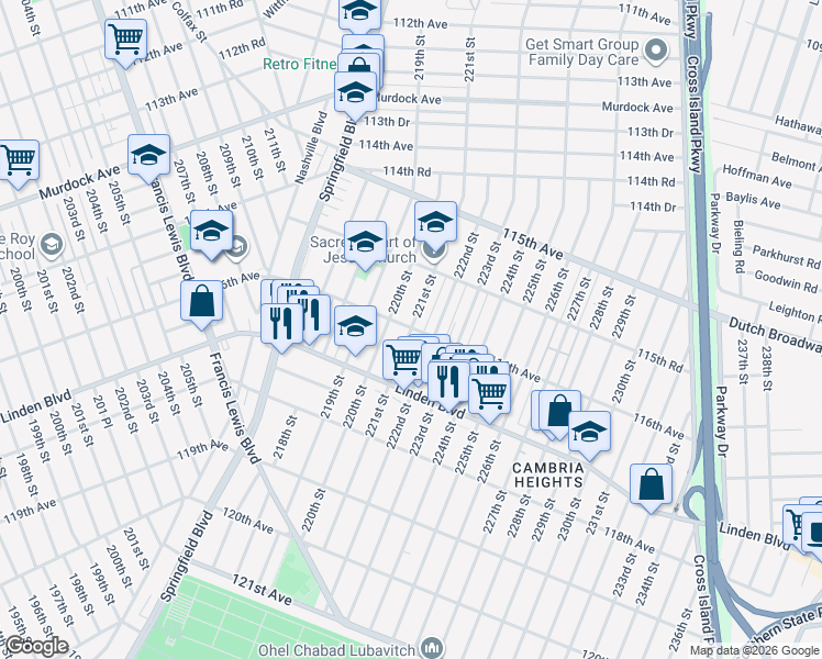 map of restaurants, bars, coffee shops, grocery stores, and more near 116-02 221st Street in Queens