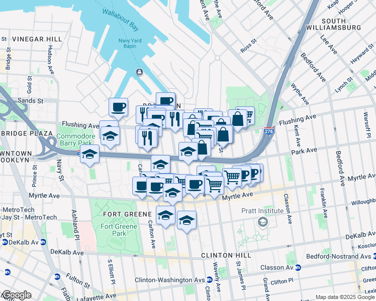 map of restaurants, bars, coffee shops, grocery stores, and more near 235 Park Avenue in Brooklyn