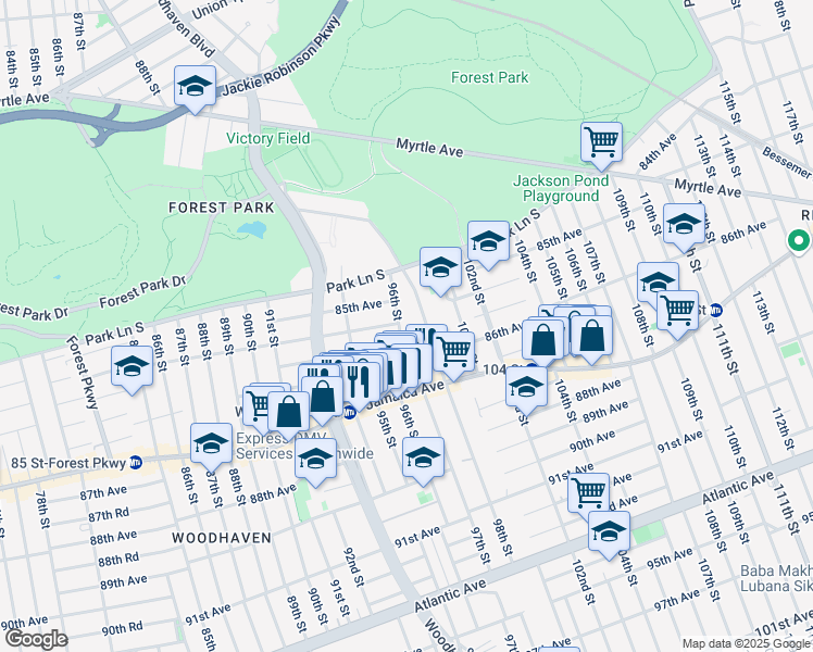 map of restaurants, bars, coffee shops, grocery stores, and more near 85-27 96th Street in Queens