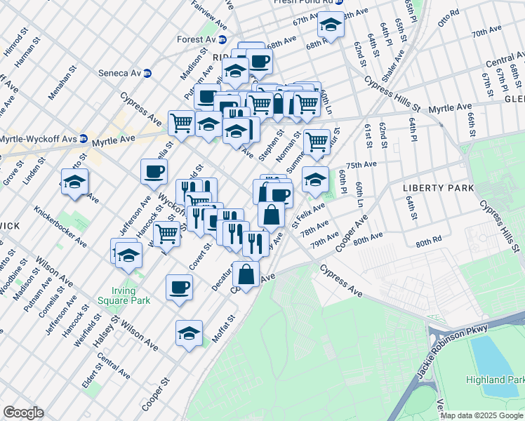 map of restaurants, bars, coffee shops, grocery stores, and more near 10-76 Cypress Avenue in Queens