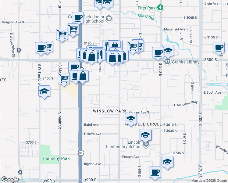 map of restaurants, bars, coffee shops, grocery stores, and more near 3465 South 200 East in South Salt Lake