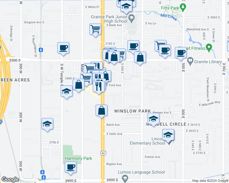 map of restaurants, bars, coffee shops, grocery stores, and more near 155 East Majestic Elms Place in South Salt Lake