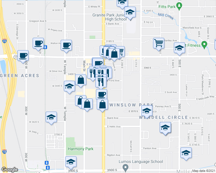 map of restaurants, bars, coffee shops, grocery stores, and more near 3443 State Street in South Salt Lake