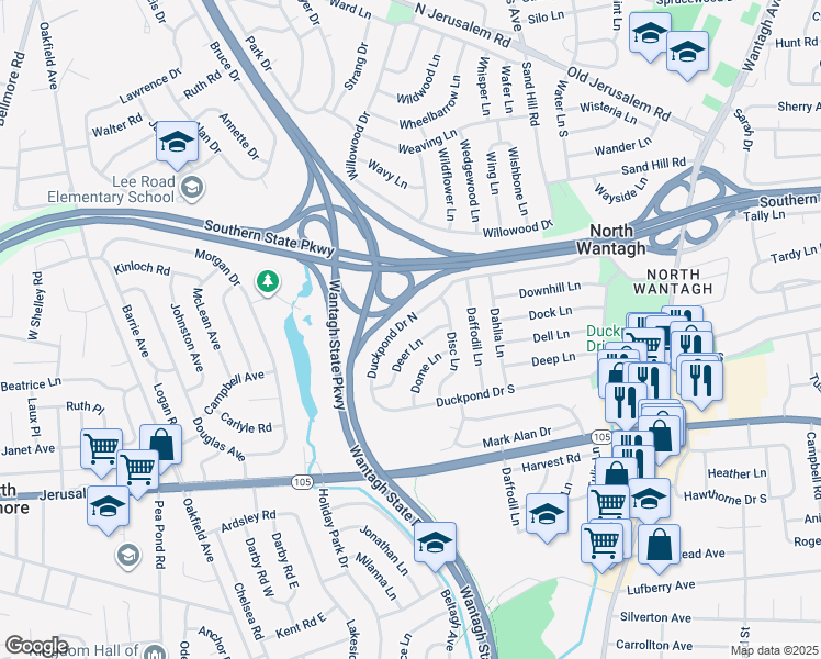 map of restaurants, bars, coffee shops, grocery stores, and more near 12 Deer Lane in Wantagh