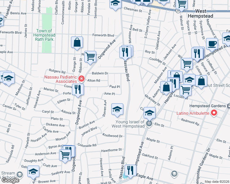 map of restaurants, bars, coffee shops, grocery stores, and more near 346 June Place in West Hempstead