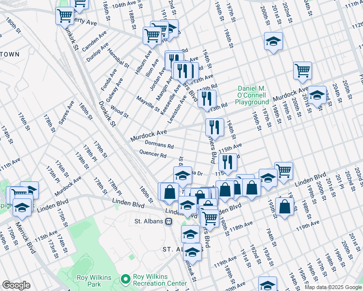 map of restaurants, bars, coffee shops, grocery stores, and more near 189-05 Dormans Road in Queens