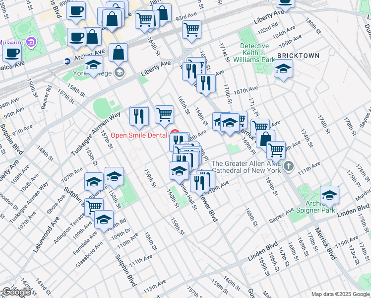 map of restaurants, bars, coffee shops, grocery stores, and more near 108-7 Guy R Brewer Boulevard in Queens