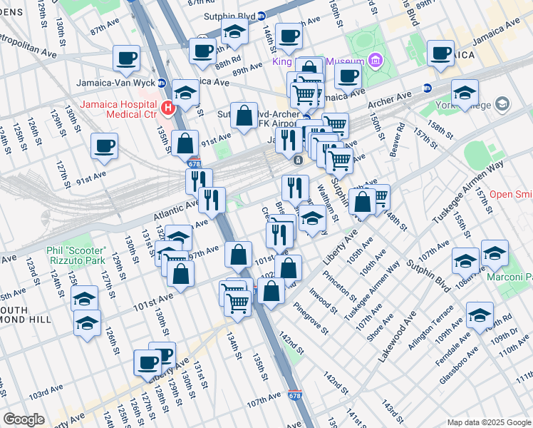 map of restaurants, bars, coffee shops, grocery stores, and more near 95-18 Cresskill Place in Queens