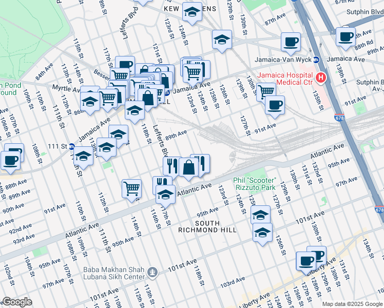 map of restaurants, bars, coffee shops, grocery stores, and more near 120-99 91st Avenue in Queens