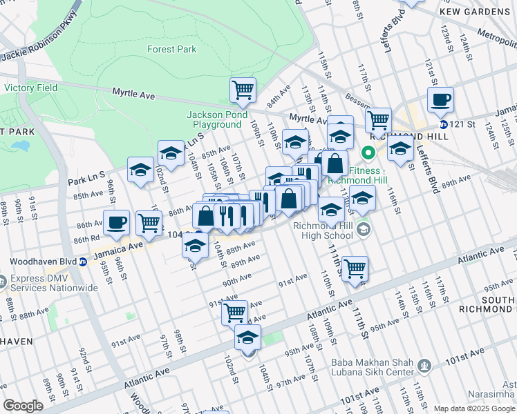 map of restaurants, bars, coffee shops, grocery stores, and more near 86-45 107th Street in Queens