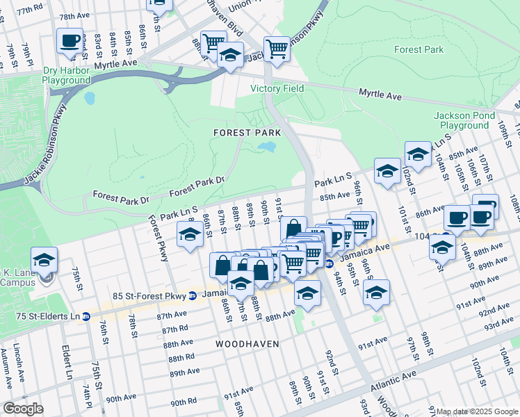 map of restaurants, bars, coffee shops, grocery stores, and more near 84-23 90th Street in Queens