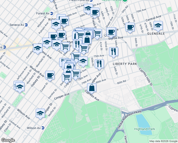 map of restaurants, bars, coffee shops, grocery stores, and more near 60-11 78th Avenue in Queens