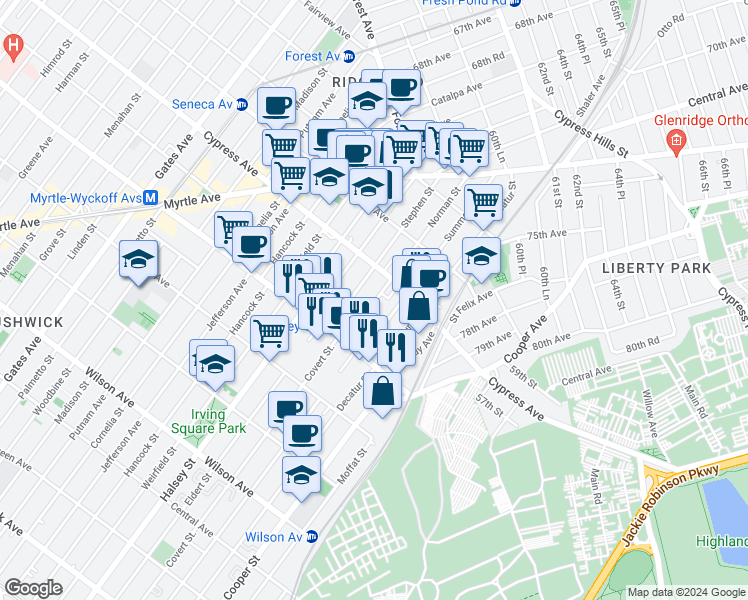 map of restaurants, bars, coffee shops, grocery stores, and more near 1657-1659 Norman Street in Queens