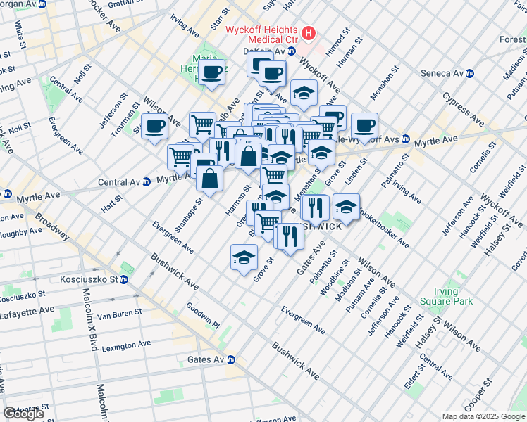 map of restaurants, bars, coffee shops, grocery stores, and more near 155 Bleecker Street in Brooklyn