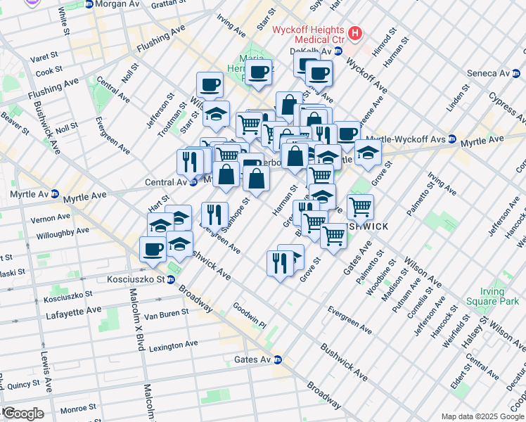 map of restaurants, bars, coffee shops, grocery stores, and more near 112 Himrod Street in Brooklyn
