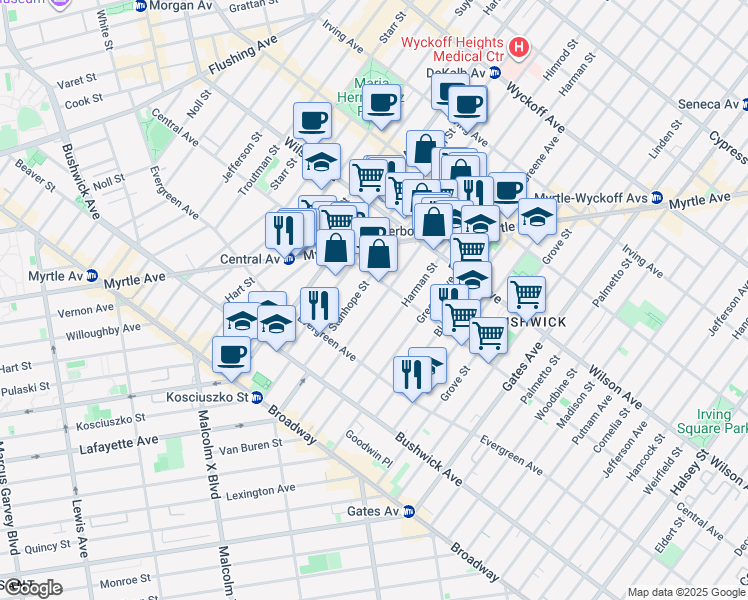 map of restaurants, bars, coffee shops, grocery stores, and more near 112 Himrod Street in Brooklyn