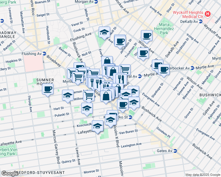 map of restaurants, bars, coffee shops, grocery stores, and more near 912 Willoughby Avenue in Brooklyn