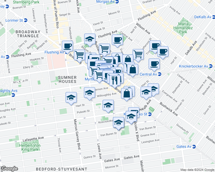 map of restaurants, bars, coffee shops, grocery stores, and more near 6 Stuyvesant Avenue in Brooklyn
