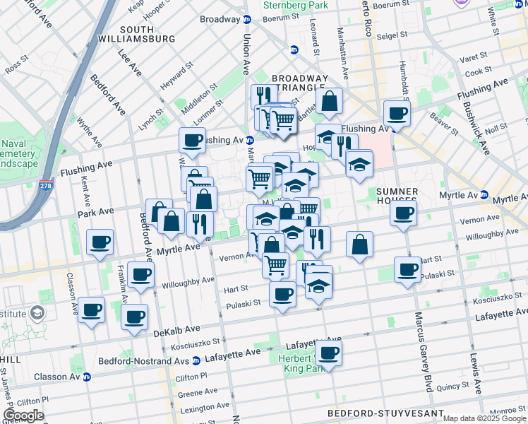 map of restaurants, bars, coffee shops, grocery stores, and more near 103 Stockton Street in Brooklyn